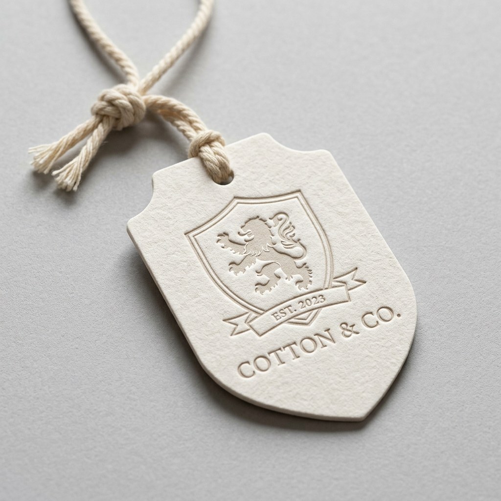 Close-up of 400gsm cotton debossed lion crest shield tag with natural rope cord.