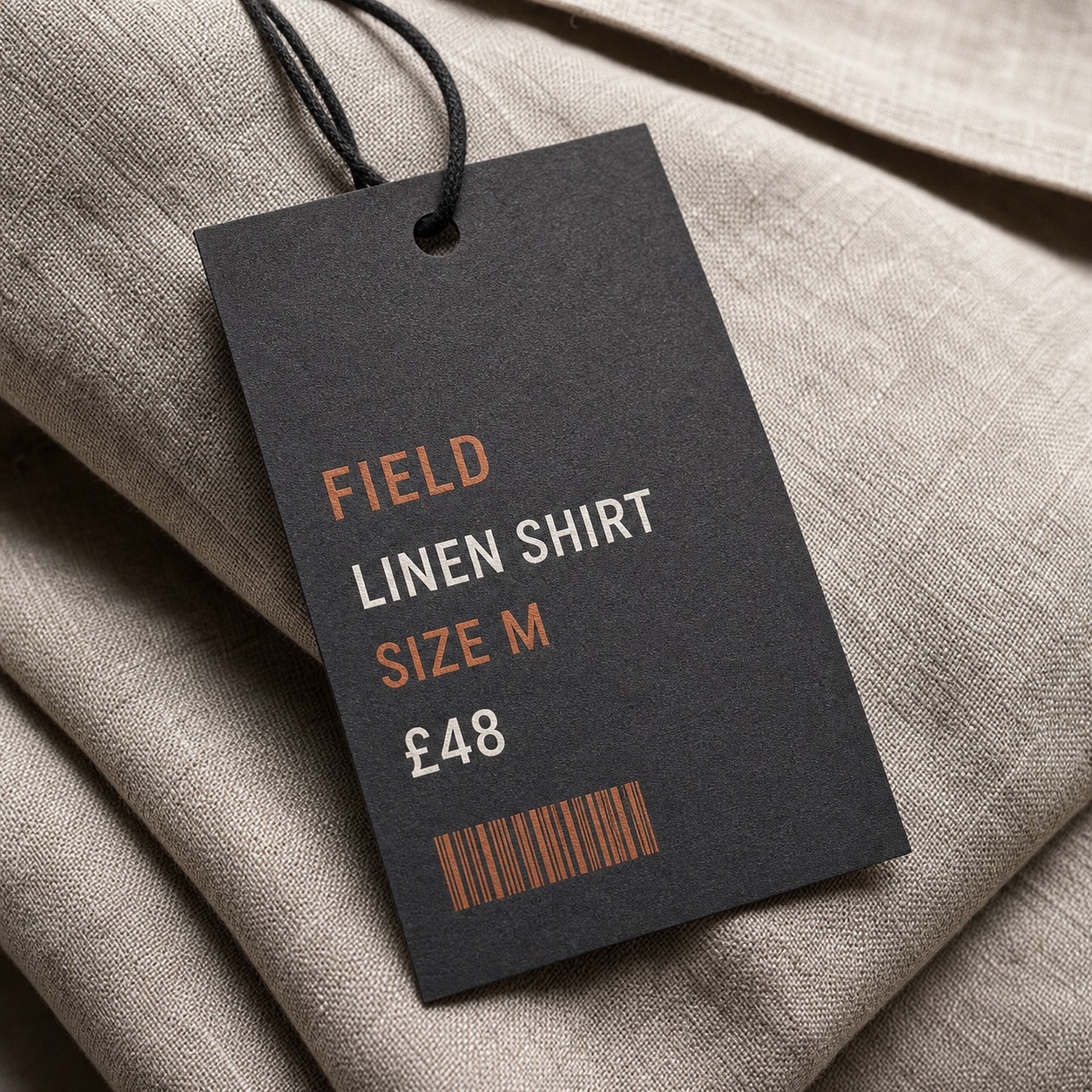 Charcoal custom swing tag with a black string on folded natural linen.