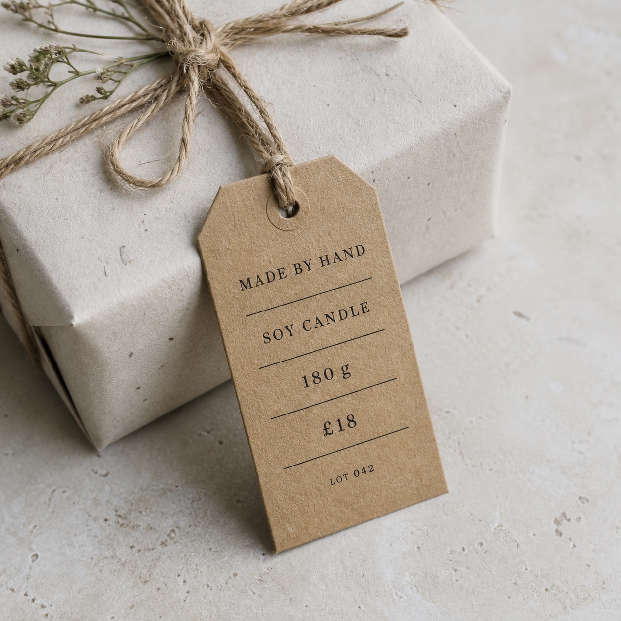 Natural kraft swing tag tied to a wrapped handmade gift with jute string.
