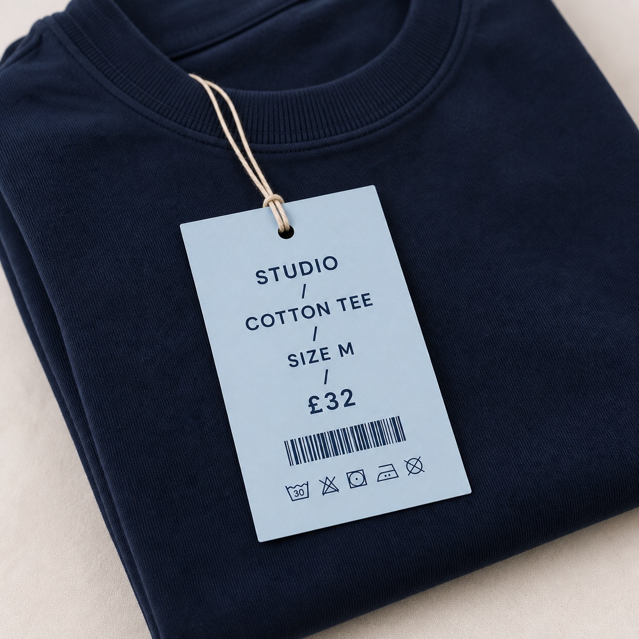 Pale blue printed swing tag attached to a folded navy cotton garment.