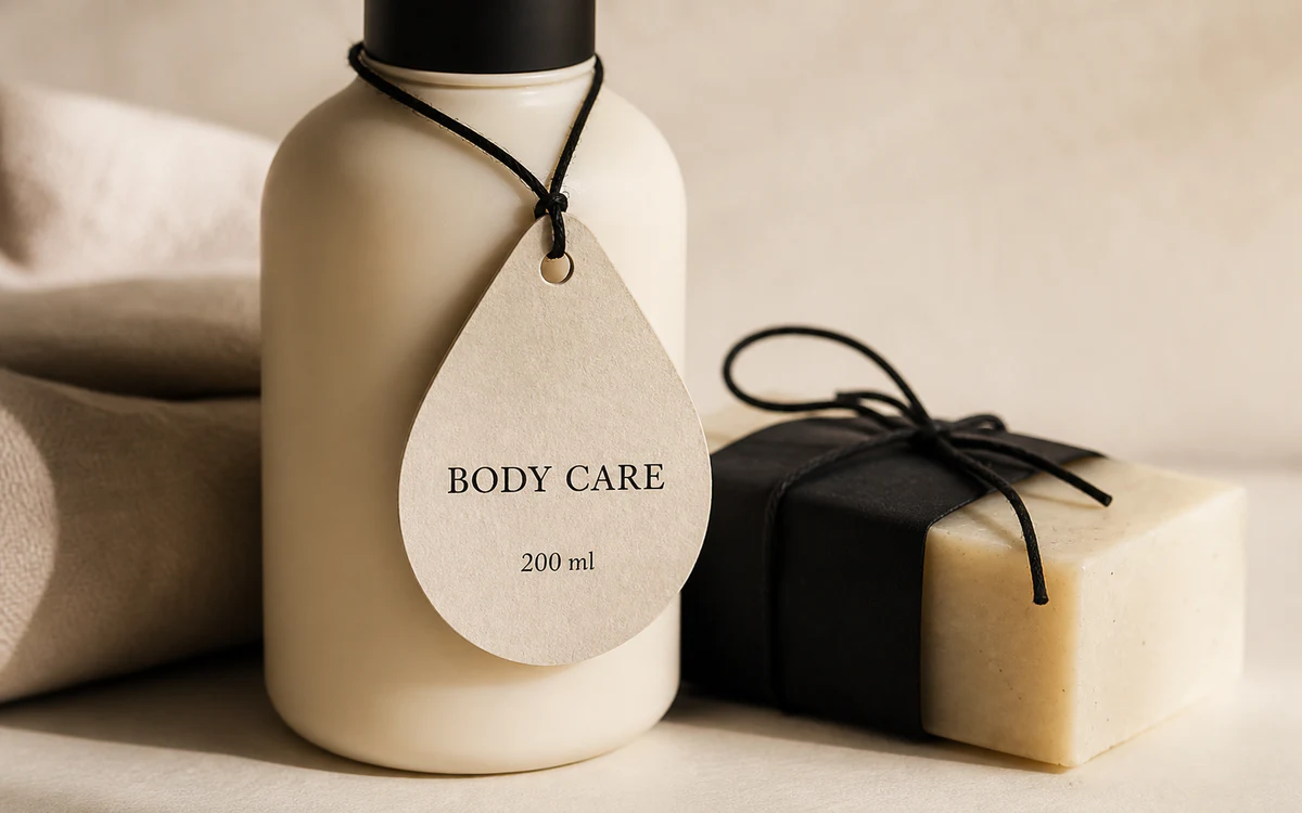 Custom droplet shaped tag attached to a body care bottle
