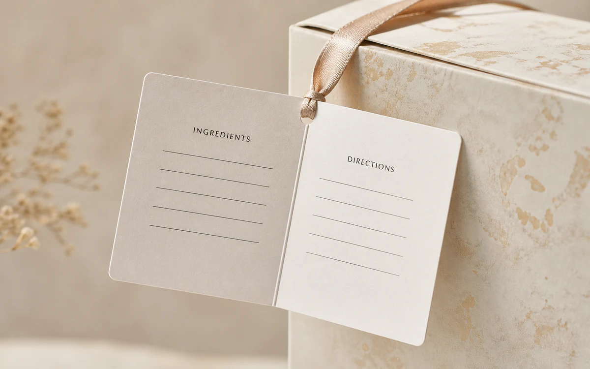Open folded ingredients tag attached to a skincare gift carton