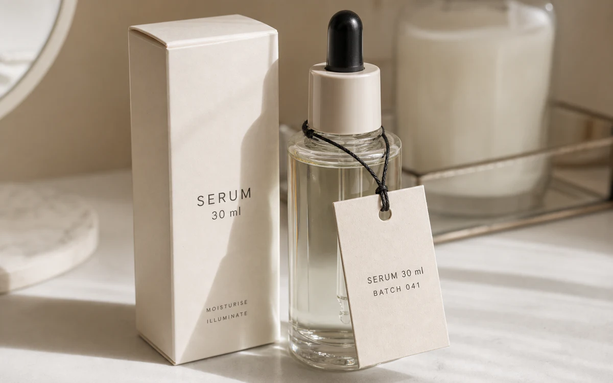 Standard product tag tied to a skincare serum bottle