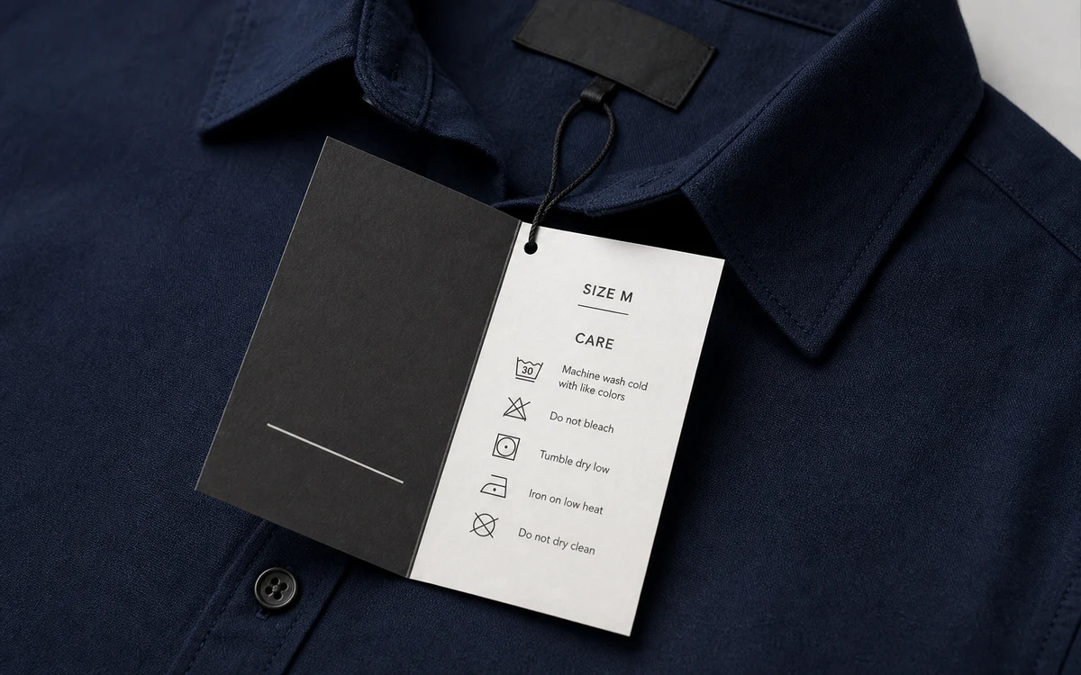 Open folded swing tag attached to a navy cotton shirt with size and care information