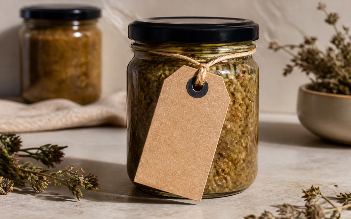 Kraft food product tag tied to an artisan jar