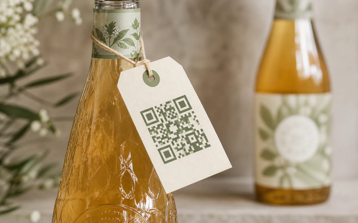 QR information tag attached to a drinks bottle