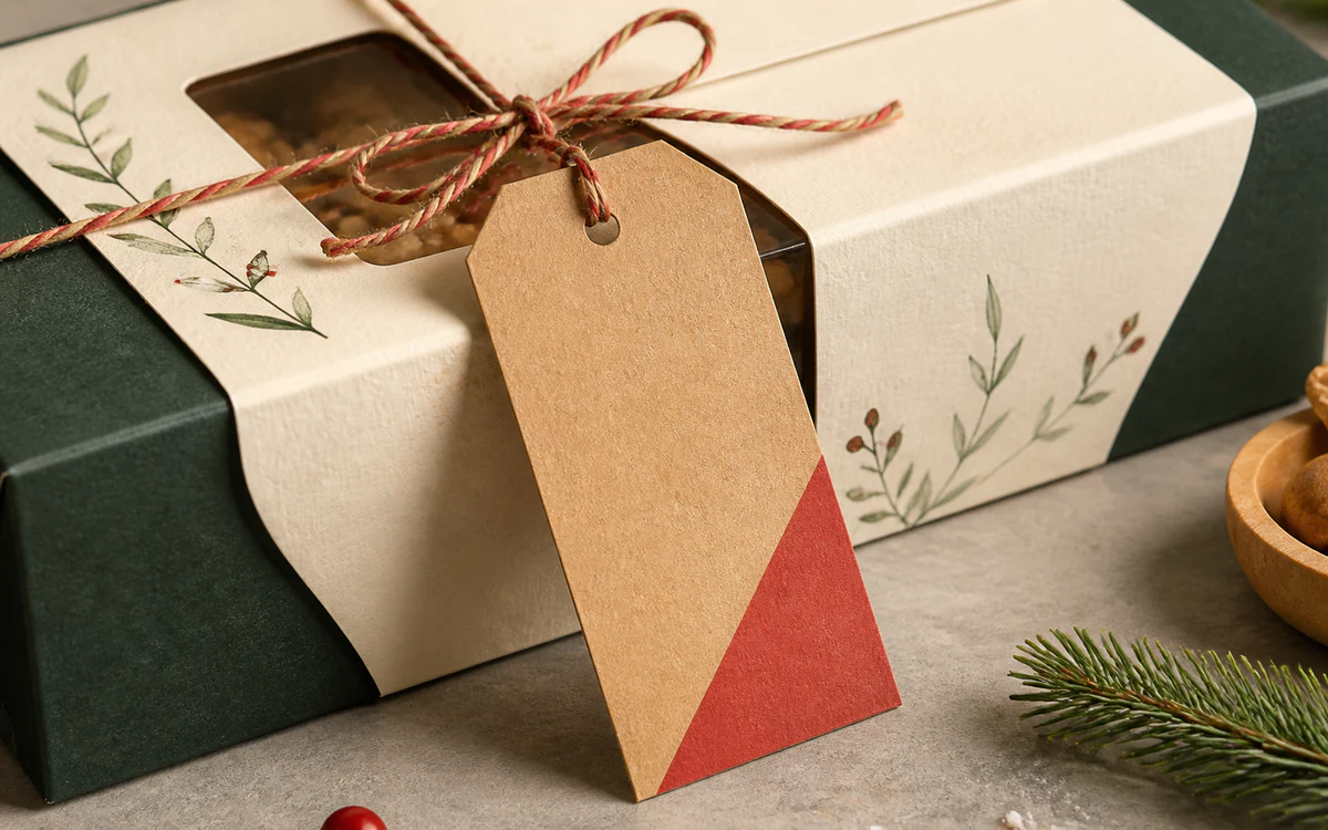 Promotional swing tag tied to a boxed food gift