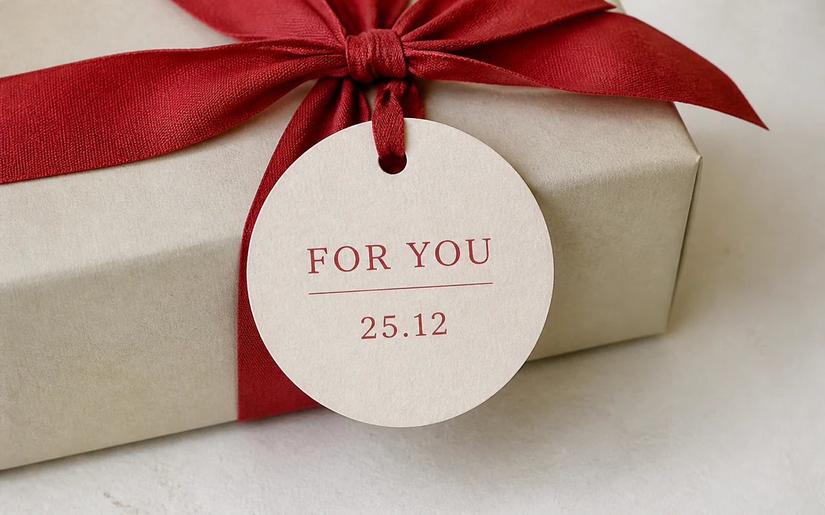 Circular gift tag tied to a wrapped gift with red ribbon