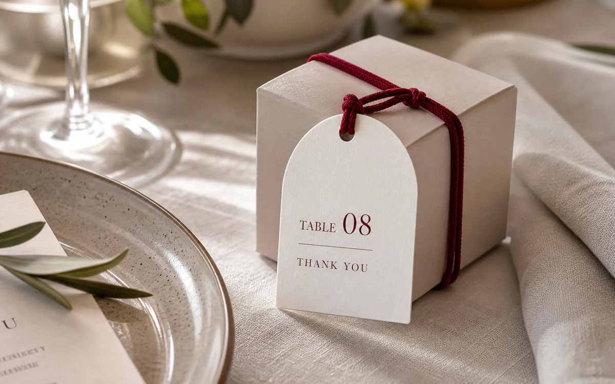 Custom arch shaped thank-you tag on a boxed event favour