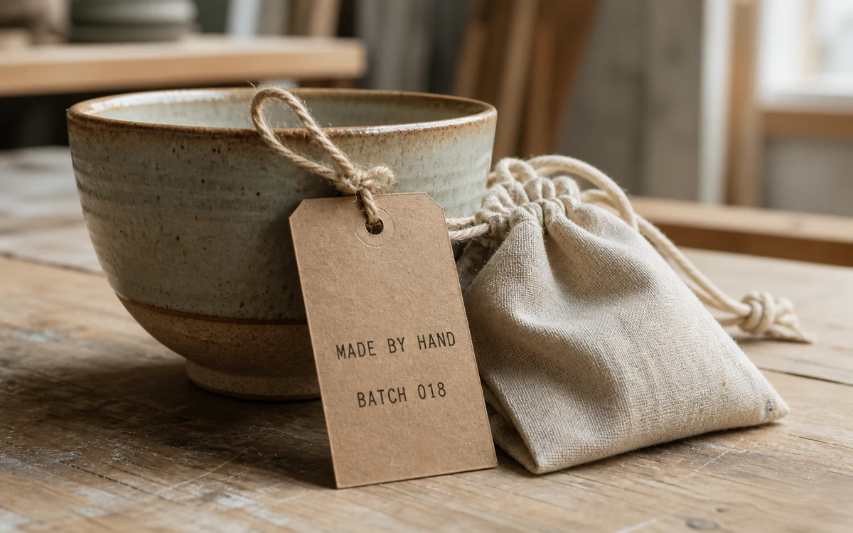 Kraft swing tag on a hand-thrown ceramic bowl and linen pouch