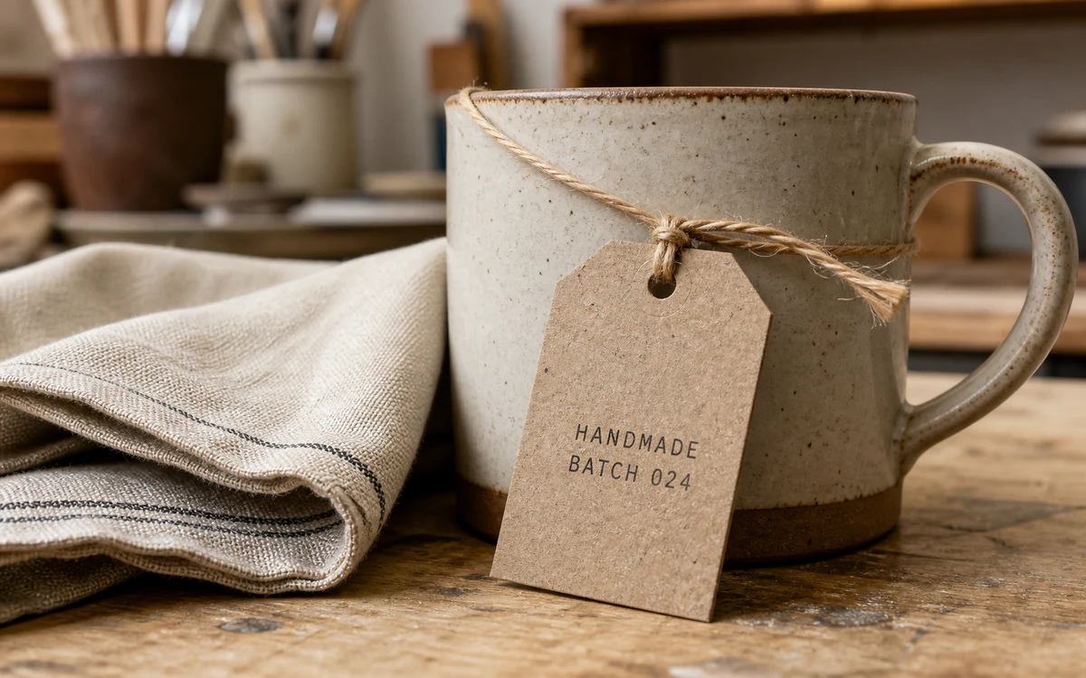 Recycled card swing tag on a handmade ceramic mug