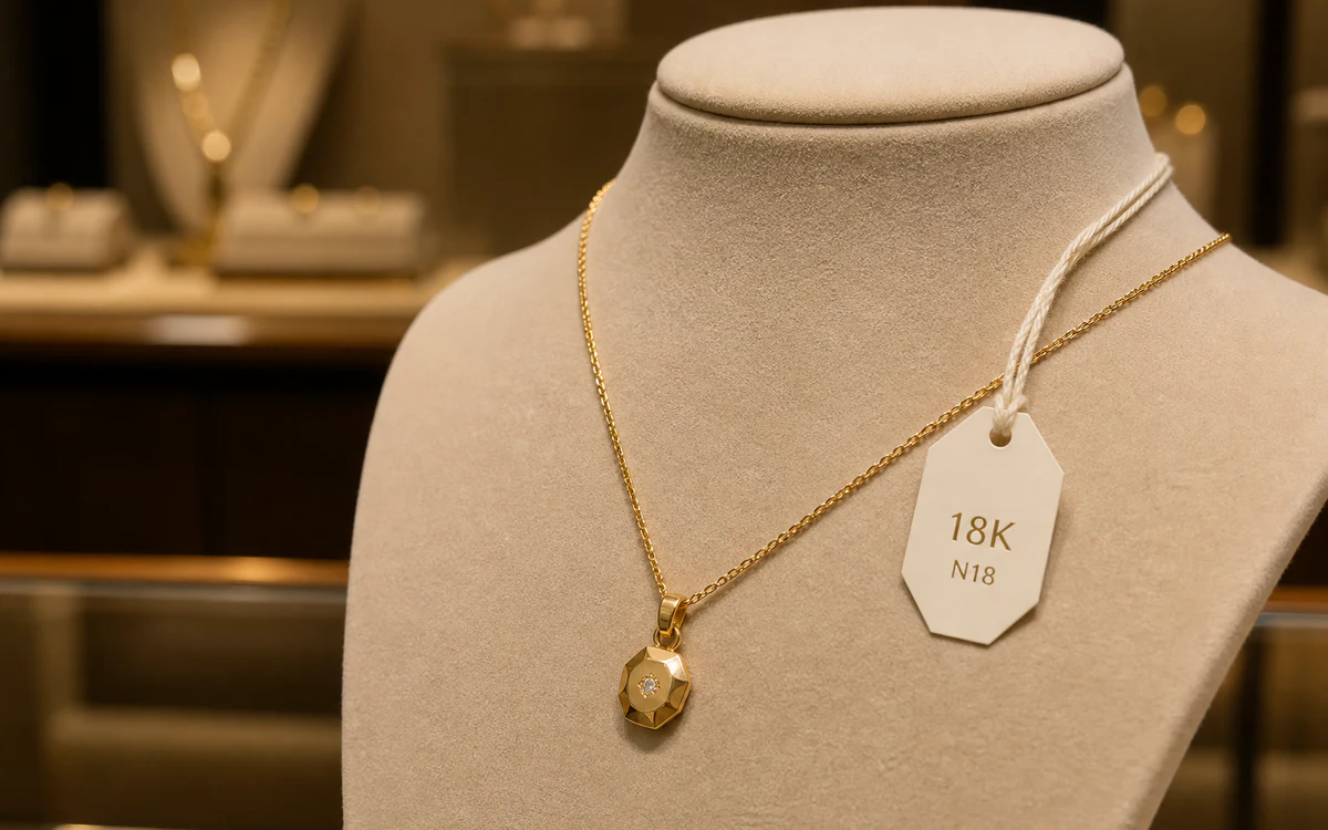 Custom faceted jewellery tag attached to a gold necklace