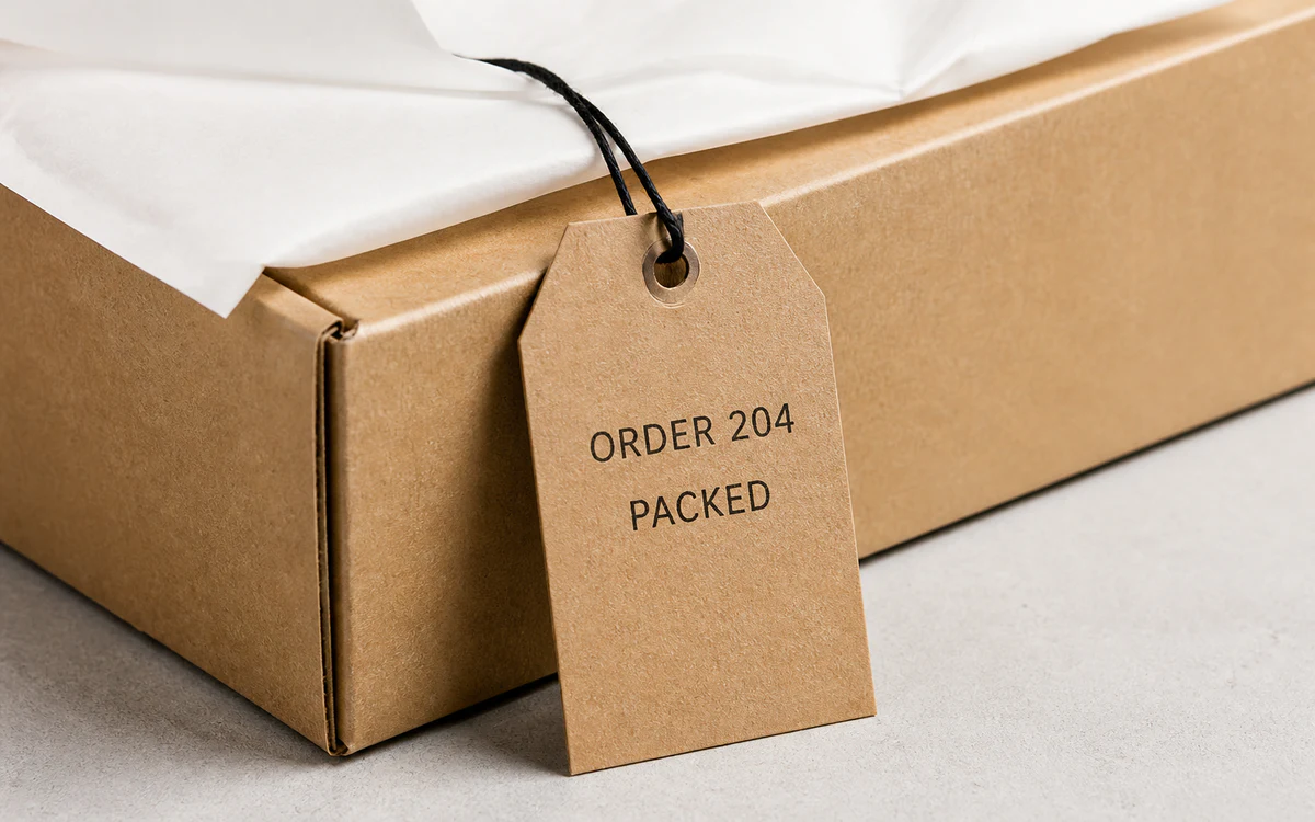 Kraft order tag attached to a corrugated ecommerce parcel