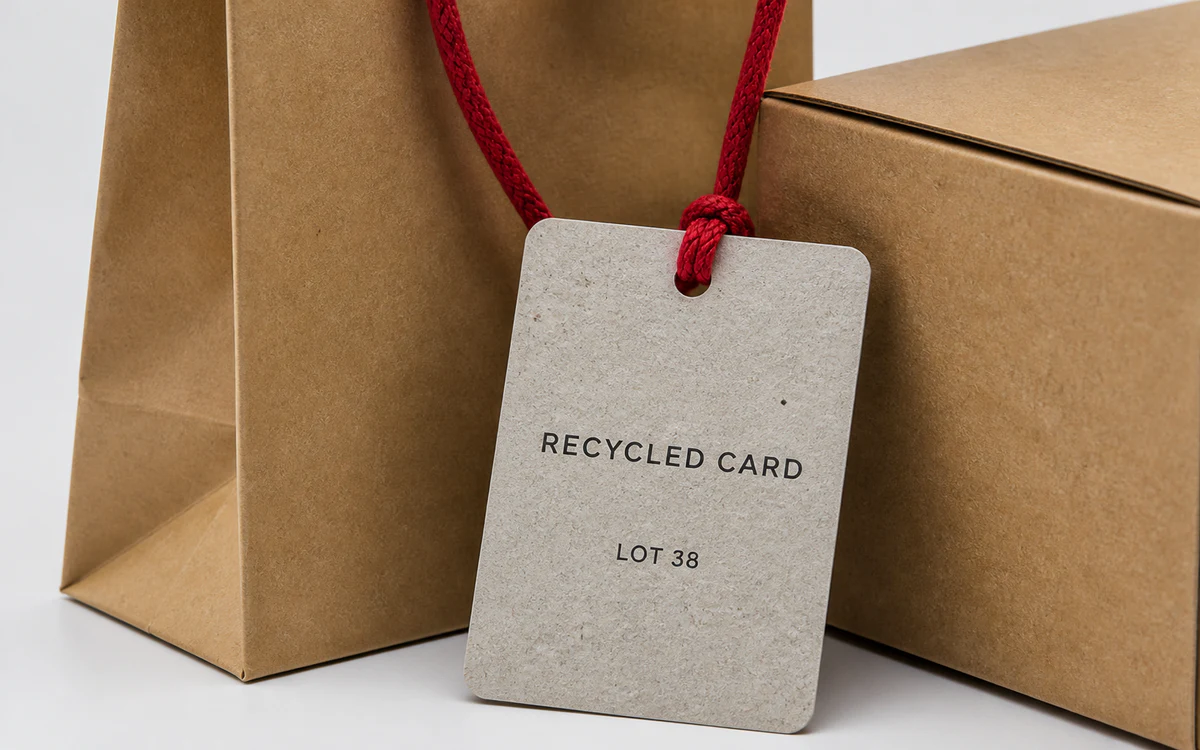 Recycled card tag attached to a paper bag and product carton