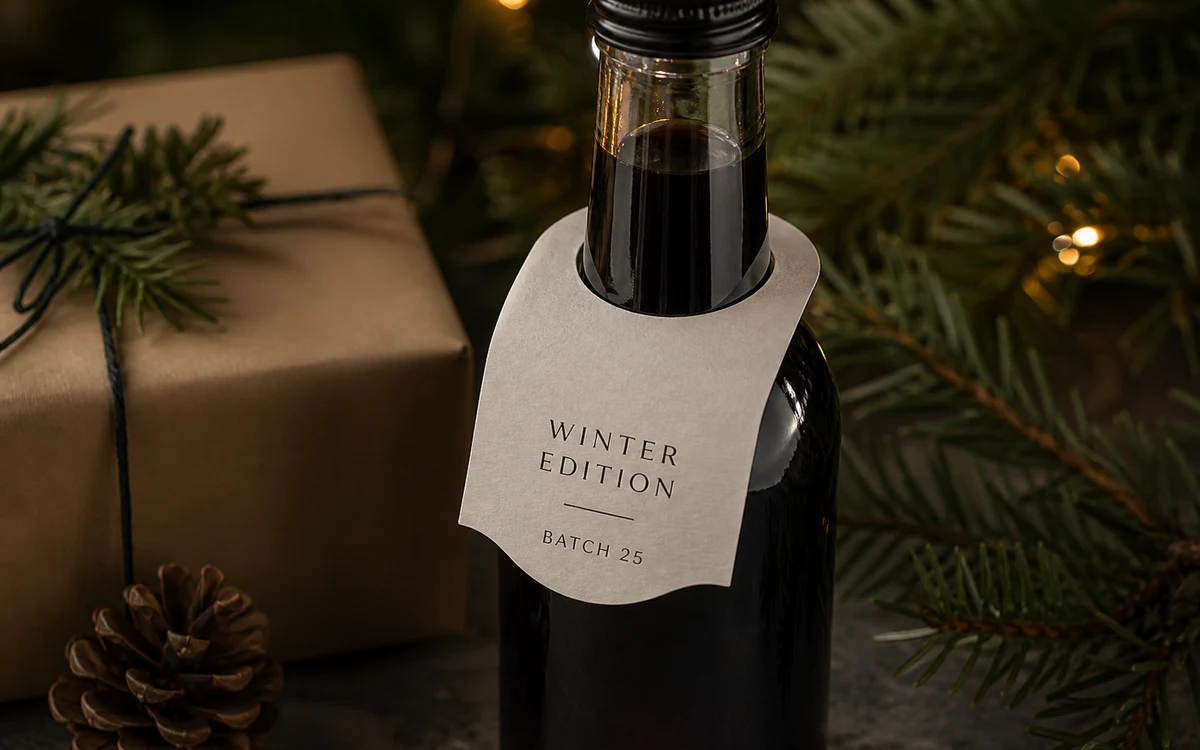 Winter edition bottle neck tag on a cordial bottle