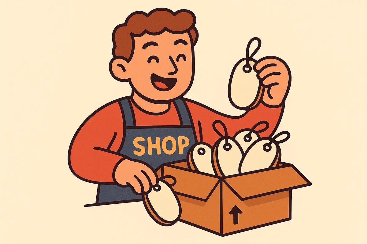 Shop owner unpacking delivery box of bent oval tags illustration.