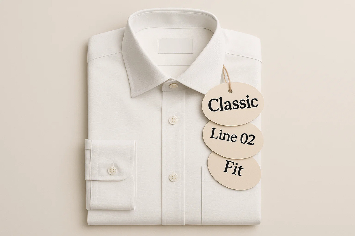 Home 26 Bent oval tags with ‘Classic’ printed, attached to a garment on a clean background.