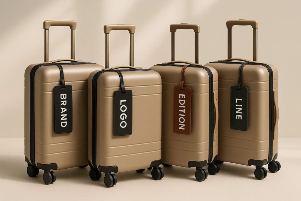 Branded Luggage Tags 1 Branded luggage tags attached to suitcase handles, printed with ‘Brand’, ‘Logo’, ‘Edition’, and ‘Line’ on a soft neutral background