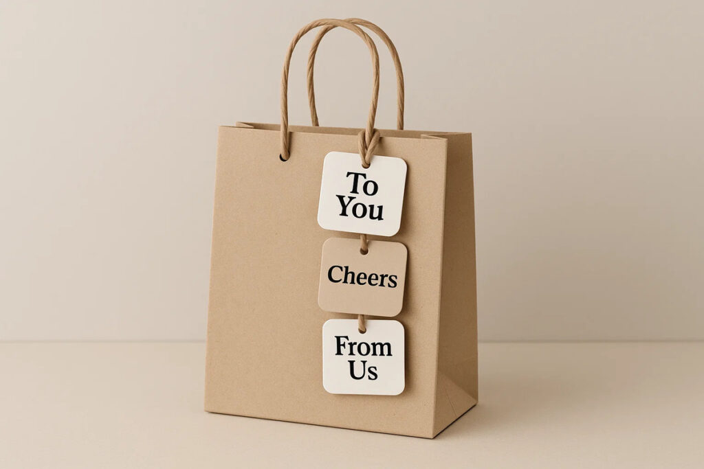 Bubble square tags with “To You”, “Cheers”, and “From Us” on a gift bag.