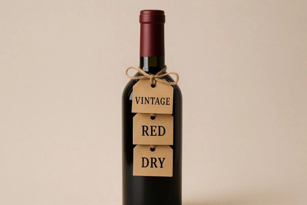 Custom Bottle Tags 2 Custom bottle tags with “Vintage”, “Red”, and “Dry” tied to a wine bottle.