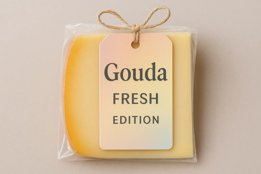 Custom cheese hang tags with ‘Farm’ printed, tied to cheese packaging against a clean background