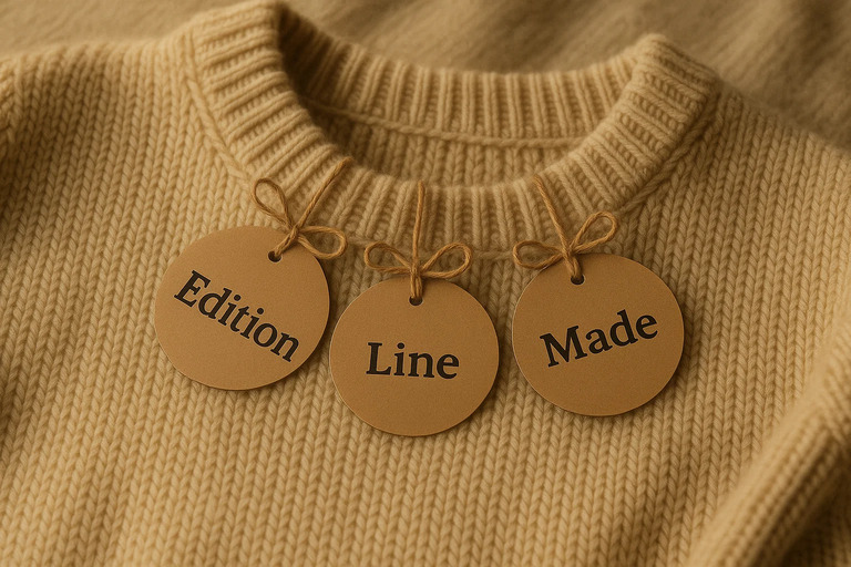 Custom Circular Tags 3 Custom circular tags showing “Edition”, “Line”, and “Made” attached to a sweater.