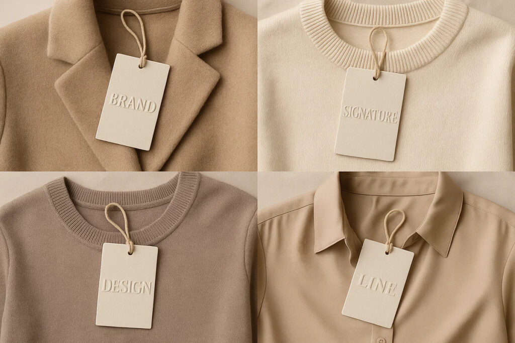 Custom embossed swing tags showing raised words ‘Brand’, ‘Signature’, ‘Design’, and ‘Line’ tied to premium clothing on a soft neutral background
