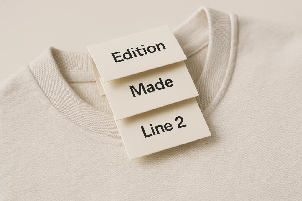 Custom folded swing tags with “Edition”, “Made”, and “Line 2” folded on a T-shirt.