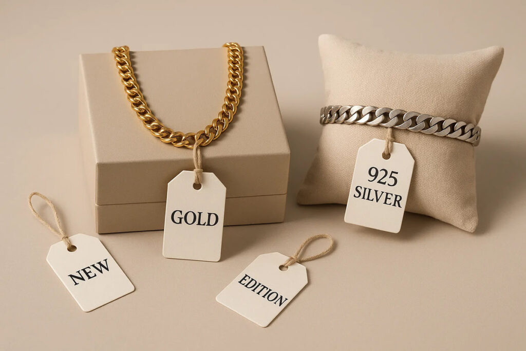 Custom jewellery tags attached to a necklace box and bracelet cushion, printed with ‘Gold’, ‘925 Silver’, ‘New’, and ‘Edition’, shown on a soft neutral background with a refined professional look