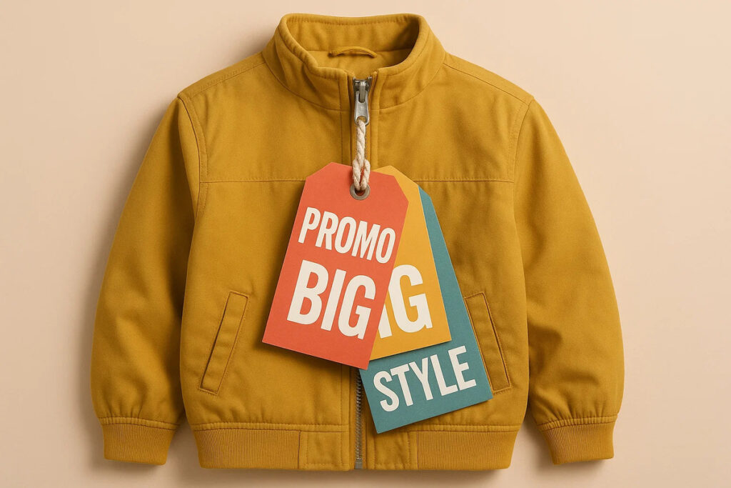 Custom large swing tags with “Promo”, “Big”, and “Style” tied to a jacket.