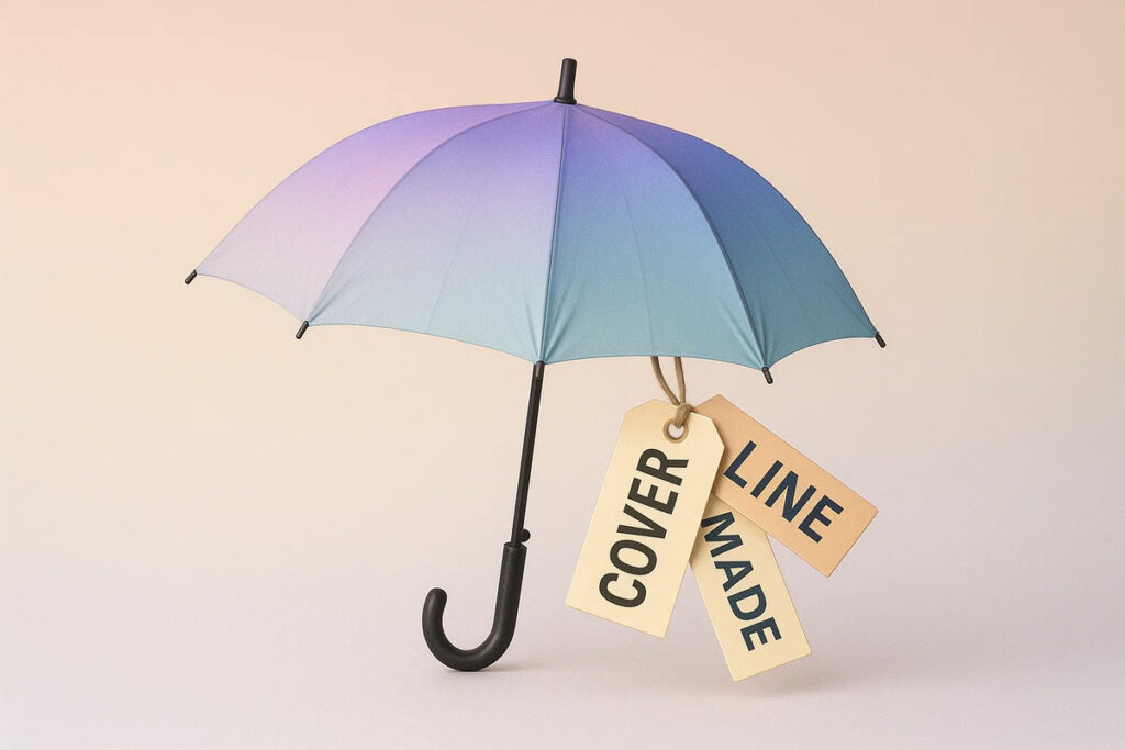 Custom umbrella tags with ‘Cover’ printed, tied to an umbrella strap against a clean background.