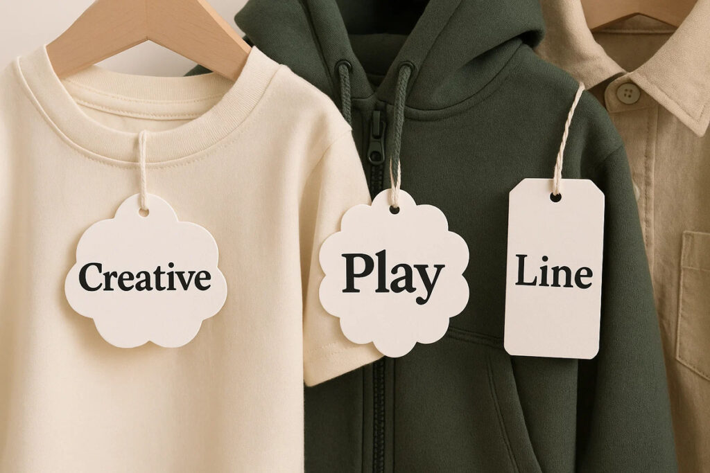 Die Cut Shaped Swing Tags 4 Die-cut shaped swing tags with “Creative”, “Play”, and “Line” tied to garments.