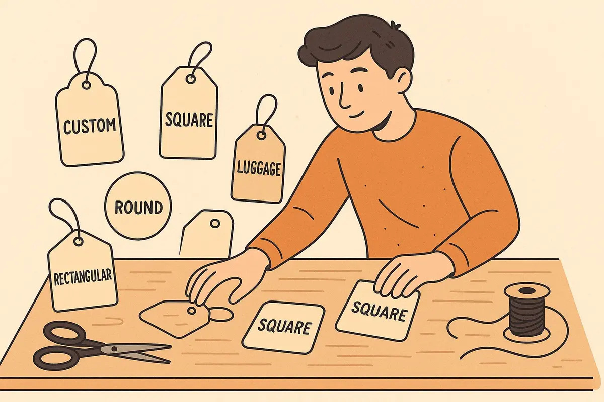 Round Foil Swing Tags 13 Designer arranging different tag shapes on a worktable illustration.