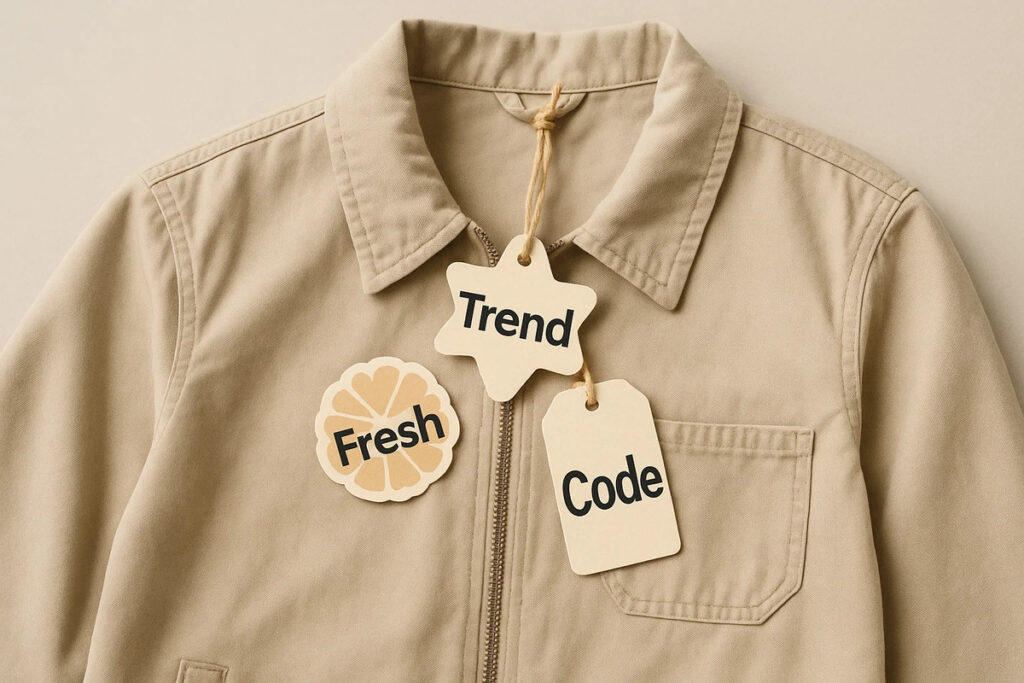 Die Cut Apparel Tags 4 Die-cut apparel tags reading “Trend”, “Fresh”, and “Code” tied to a jacket.