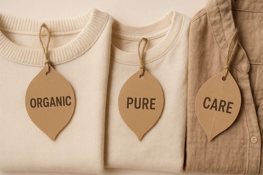 Die Cut Eco-Friendly Swing Tags 4 Die cut eco-friendly swing tags with “Organic”, “Pure”, and “Care” tied to garments.