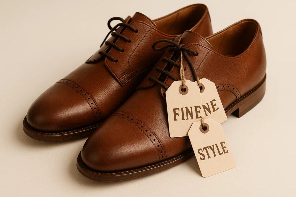 Die-cut leather hang tags with ‘Made’ printed, attached to leather shoes on a clean background