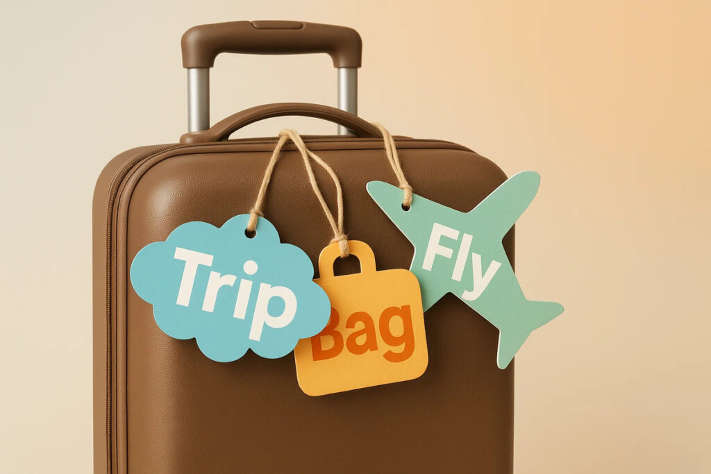 Die Cut Luggage Tags 1 Die-cut luggage tags with “Trip”, “Bag”, and “Fly” attached to a suitcase handle.