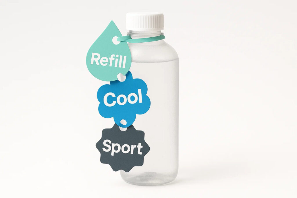 Die Cut Squeeze Tags 4 Die-cut squeeze tags reading “Refill”, “Cool”, and “Sport” tied to a bottle neck.