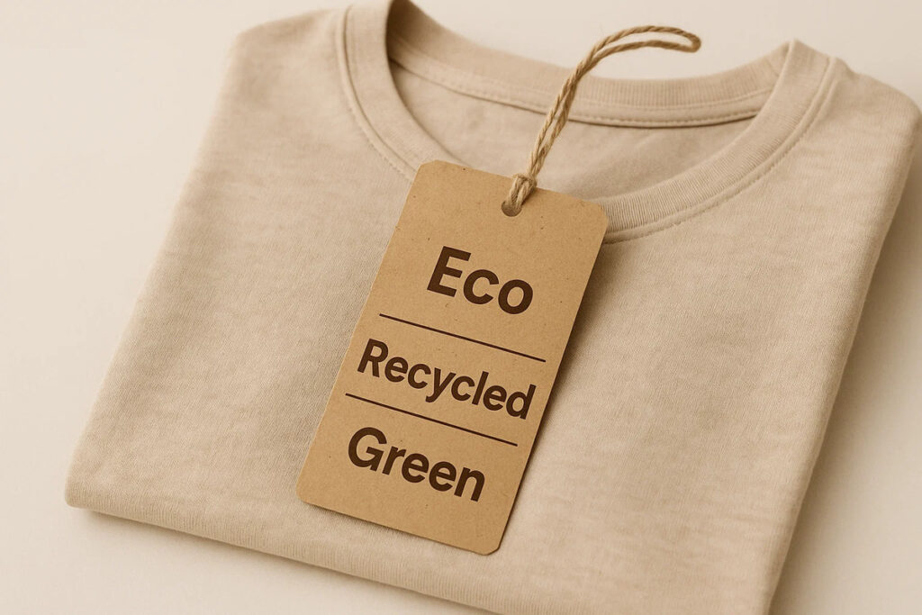 Eco-Friendly Swing Tags 5 Eco friendly swing tags with “Eco”, “Recycled”, and “Green” tied to a shirt.