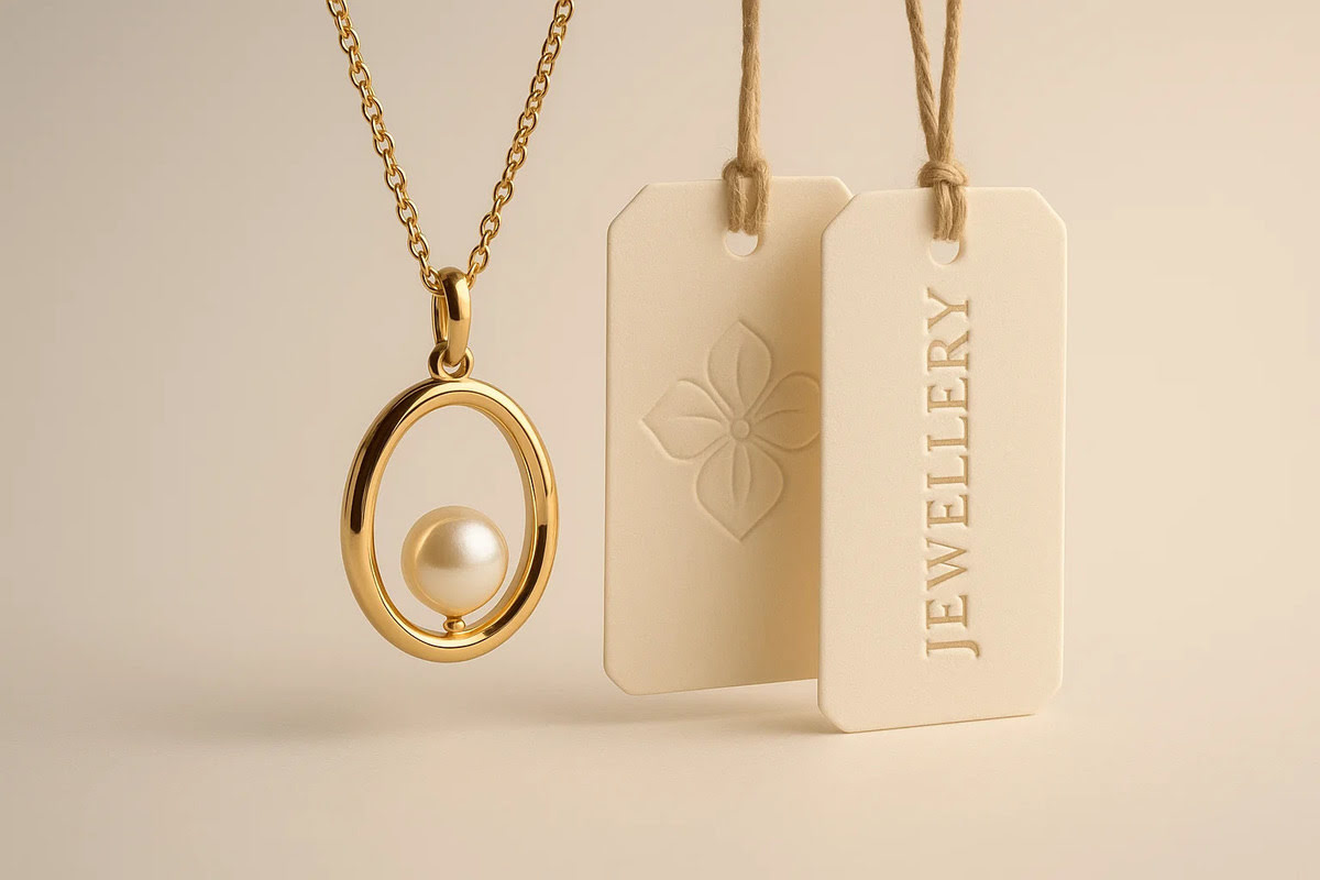Embossed jewellery tags with raised textures shown with jewellery on a light background.