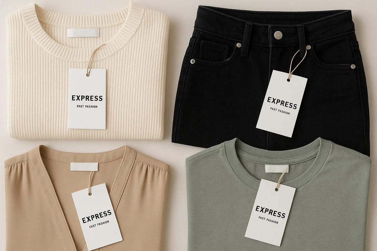 Express Clothing Tags 6 Express clothing tags attached to garments on a clean background, designed for fast-fashion branding.