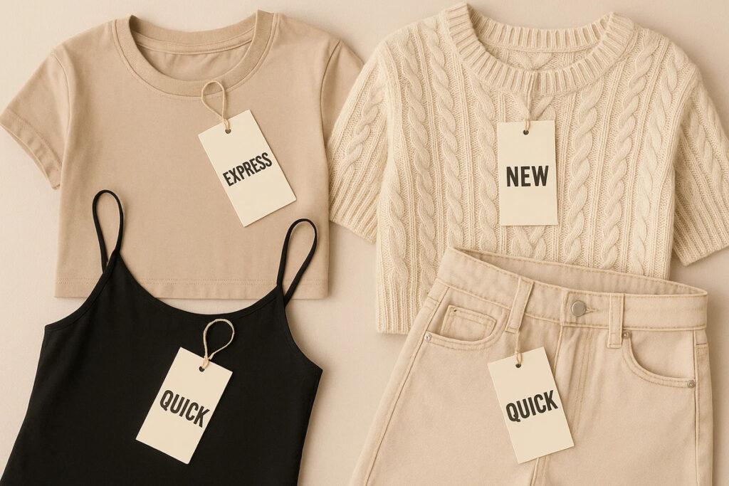 Express Swing Tags 4 Express swing tags showing “Express”, “New”, and “Quick” tied to fast-fashion clothing