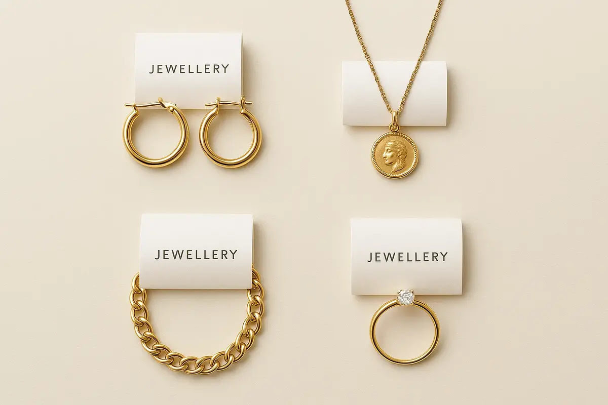 Folded jewellery tags displayed with jewellery pieces on a light background, highlighting professional branding.