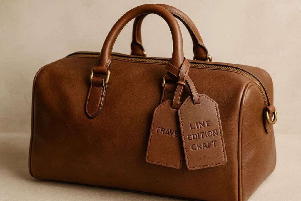Leather Luggage Tags 5 Leather luggage tags embossed with ‘Travel’, ‘Line’, ‘Edition’, and ‘Craft’ tied to a leather bag on a soft neutral backgrounLeather luggage tags embossed with ‘Travel’, ‘Line’, ‘Edition’, and ‘Craft’ tied to a leather bag on a soft neutral background.