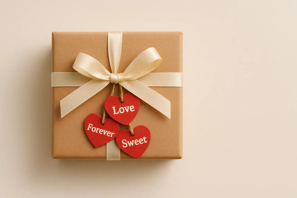 Mini Heart Tags 4 Mini heart tags with “Love”, “Forever”, and “Sweet” tied to a gift box ribbon.