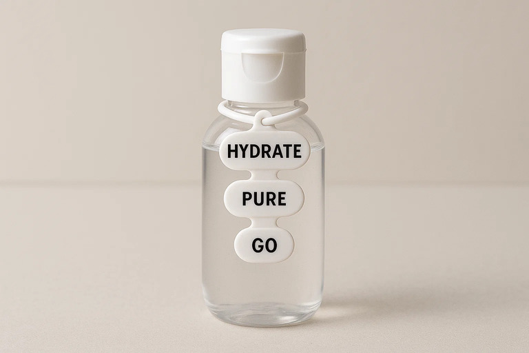 Mini Squeeze Tags 5 Mini squeeze tags reading “Hydrate”, “Pure”, and “Go” on a travel bottle.