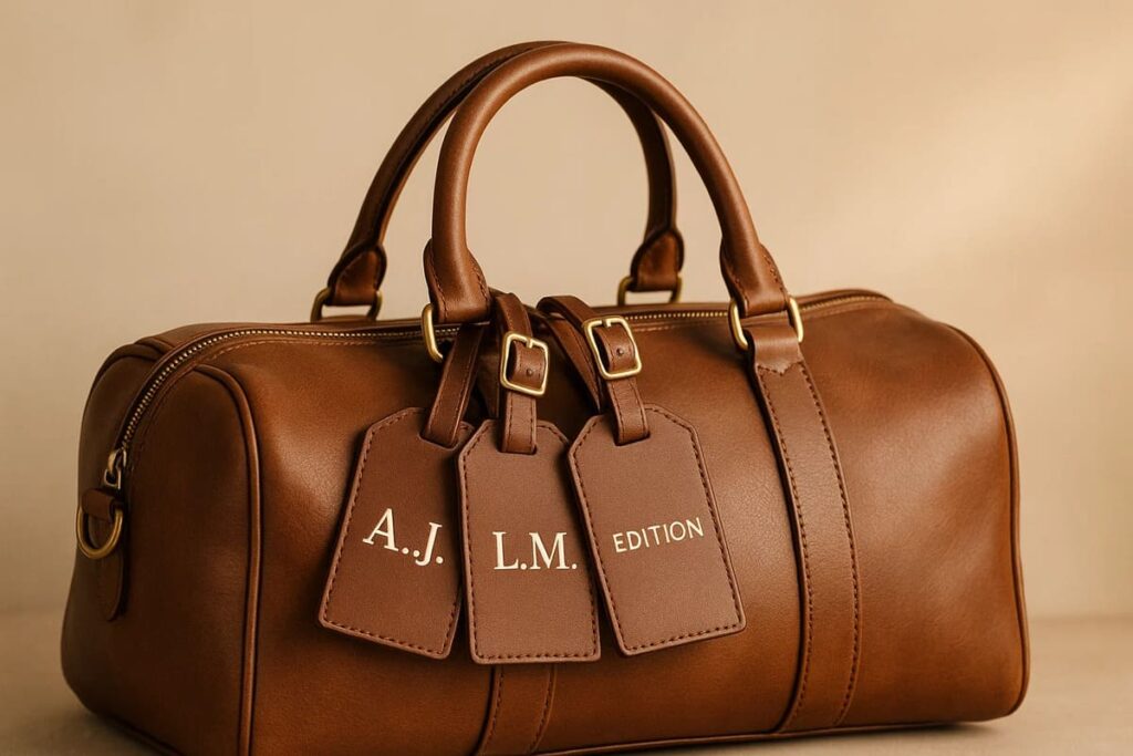 Personalised luggage tags with initials ‘A.J.’, ‘L.M.’, and ‘Edition’ tied to a travel bag on a soft neutral background