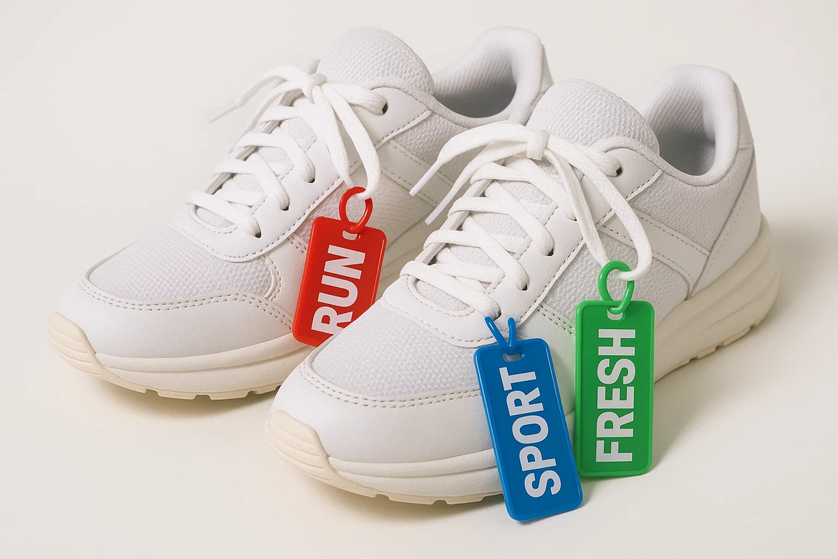 Plastic Hang Tags 1 Plastic hang tags with ‘Run’ printed, attached to sports shoes against a clean background