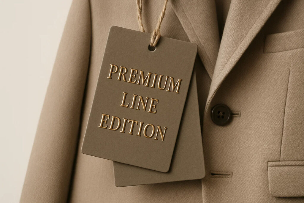 Rectangular Embossed Swing Tags 1 Rectangular embossed swing tags with raised metallic text ‘Premium’, ‘Line’, and ‘Edition’ tied to a jacket on a soft neutral background