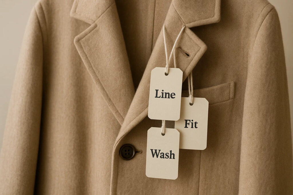 Rectangular paper hang tags with ‘Line’ printed, attached to a coat on a clean background
